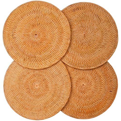 Decvel 4-Pack Rattan Placemats - 13-inch Round Placemats (Stained Brown) - Woven Place Mats, Round Table Mats - Wicker Chargers for Dinner Plates, Plate Chargers Boho