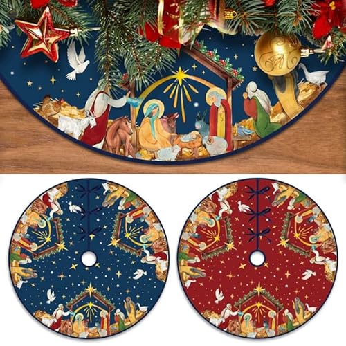 48 Inch Christian Christmas Tree Skirt Religious Jesus Nativity Scene Xmas Tree Mat Reversible Christmas Double Sided Print Mat Xmas Party Supplies