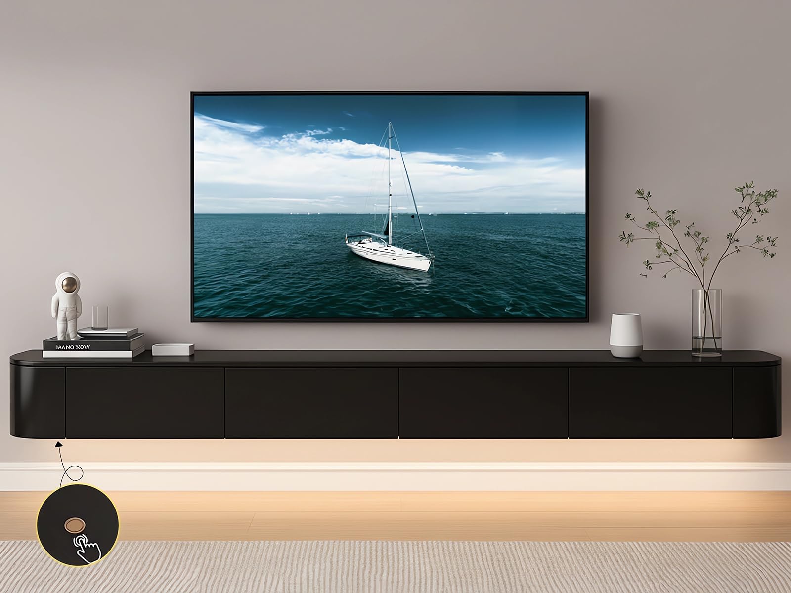 Coigrse Floating tv Stand Cabinet, Wall Mounted tv Unit Floating TV Cabinet with Doors in Media Wall Unit, Entertainment Storage (Black-LED-B, 94in)