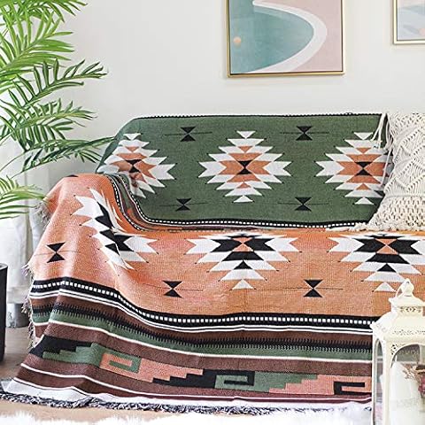 Cottonight Bohemian Sofa Throw Blanket Geometric Boho Blanket Throws Green and Orange Woven Ethnic Aztec Bed Throws with Tassels for Couch Chair Sofa Bed(51"x63") Cover