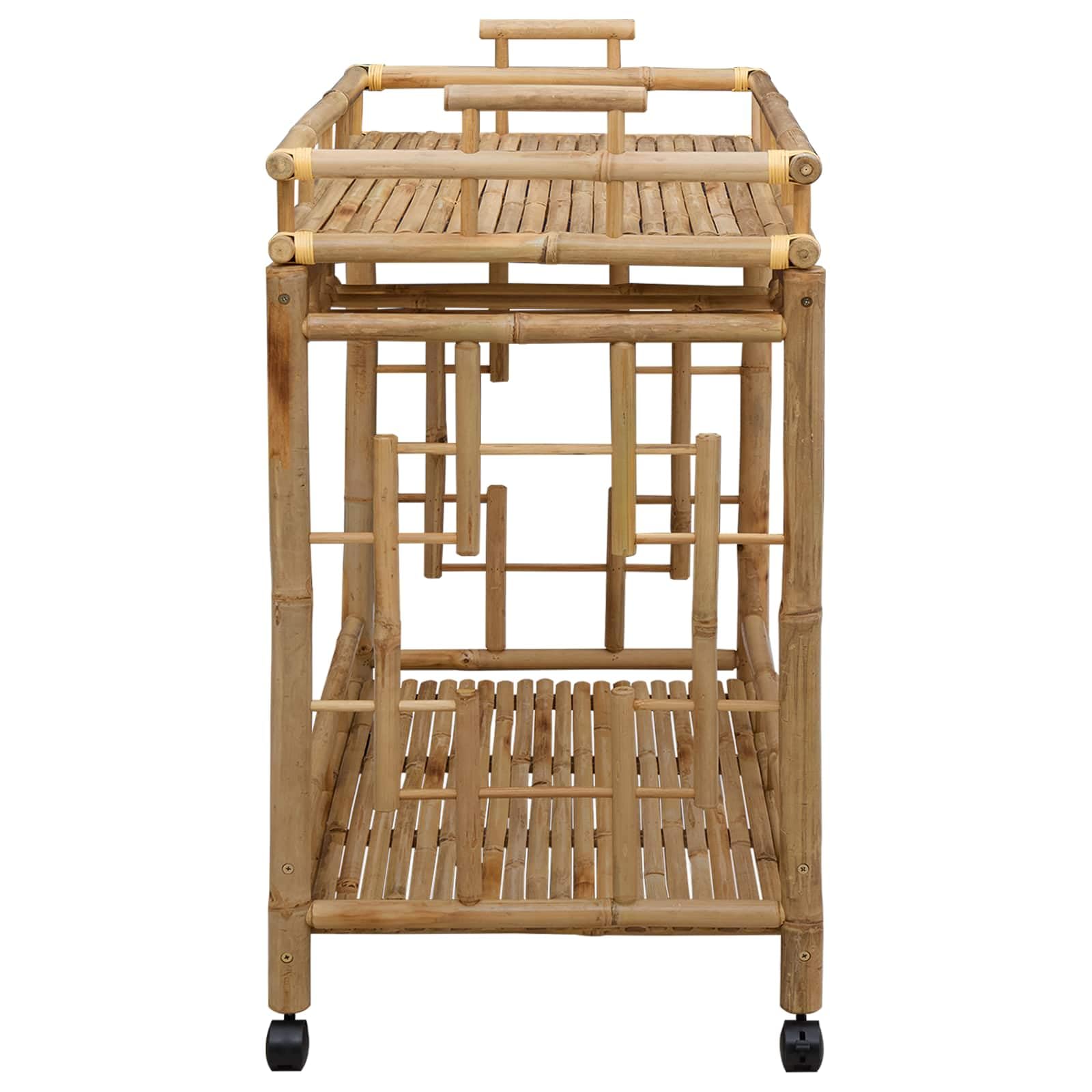 Générique Wózek na wino z kółkami z naturalnego bambusa, 85 x 50 x 93 cm, prostokątny, mobilny i zamykany, do przechowywania butelek, szklanek i akcesoriów w kuchni lub salonie.