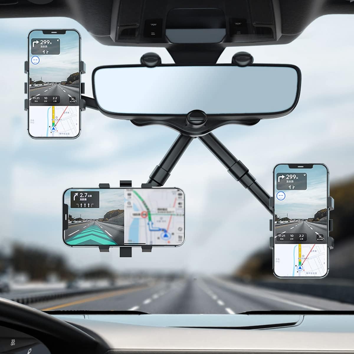 360°Rotatable and Retractable Car Phone Holder, Multifunctional Adjustable Mount, Universal Rearview Mirror Phone Holder for All Mobile Phones