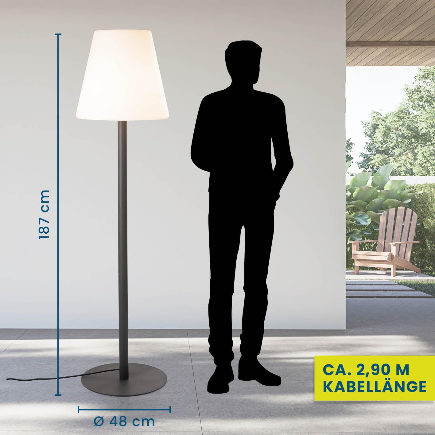 Hoberg XXL-Stehlampe für In- & Outdoor | 1,87 M große Lampe mit 3 einstellbaren Lichtintensitäten | Stimmungsvolle Standleuchte im zeitlos-modernen Design | IP-44 Wasser geschützt [schwarz, weiß]