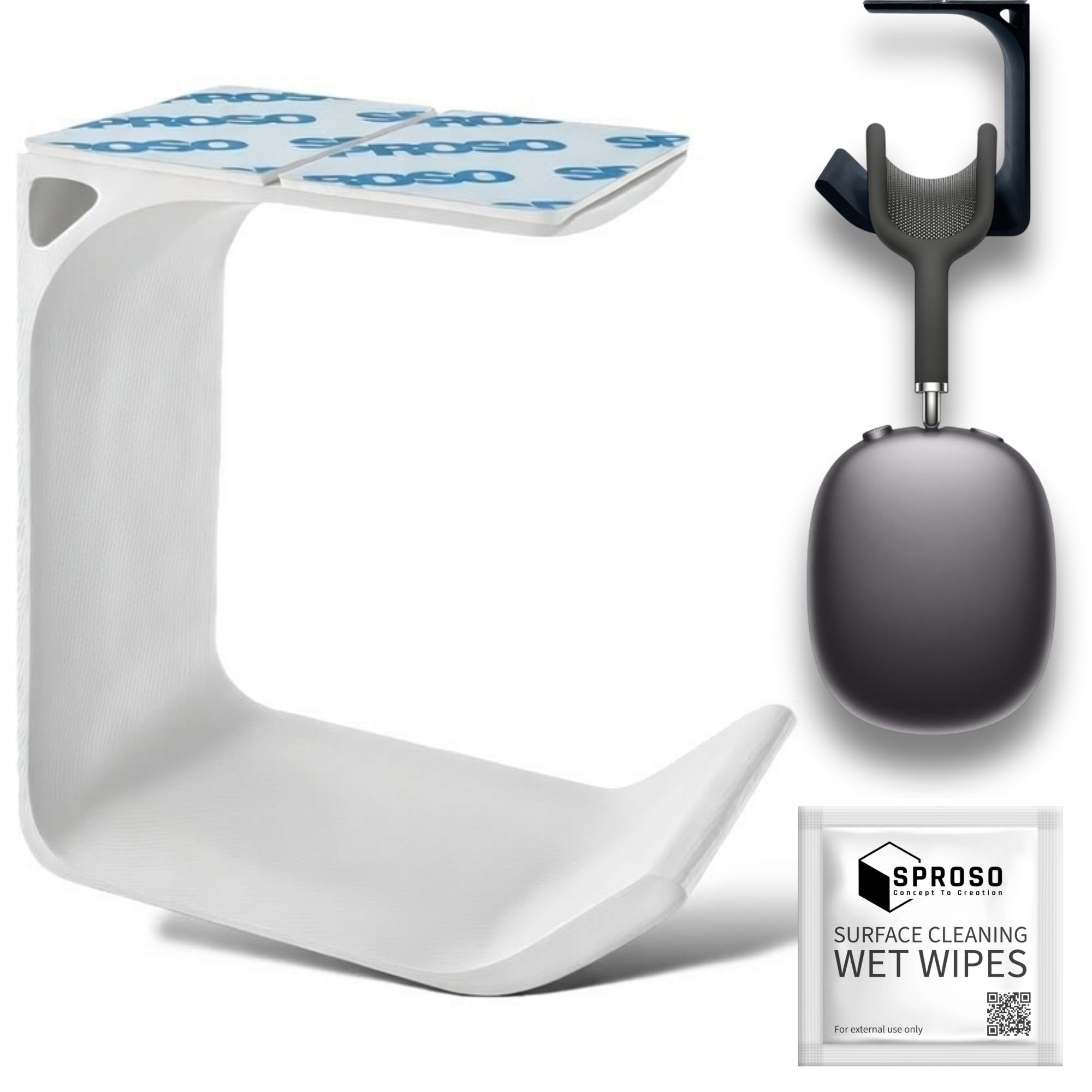 SRS® Headphone Stand Holder | Under Desk Hook & Cable Organizer | Stick-On Adhesive | Superior-Grade ABS | Includes Surface Cleaning Wipes for Easy Setup & Organization (White, Pack of 1)-image-41