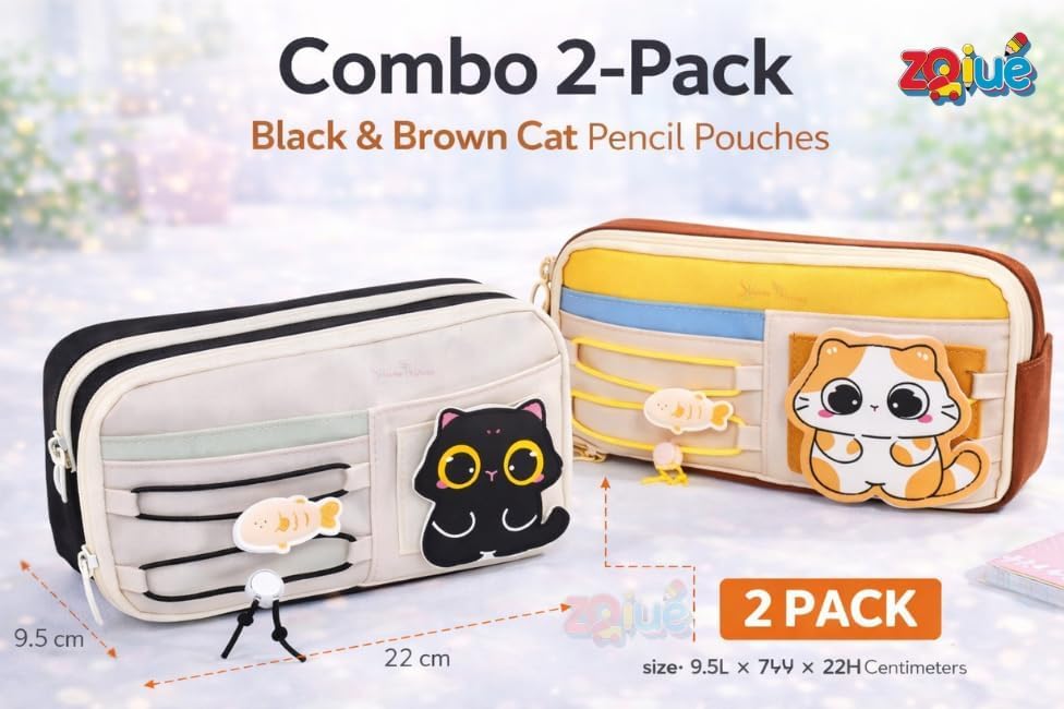 Image of WORSHIPER Pencil Case Set of 2, Birthday Return Gift for Kids, Large Capacity Pencil Pouch with Compartments, Cute Pen Organizer for Girls Boys School Supplies Ages 3-12 (Black & Brown Cat Combo)