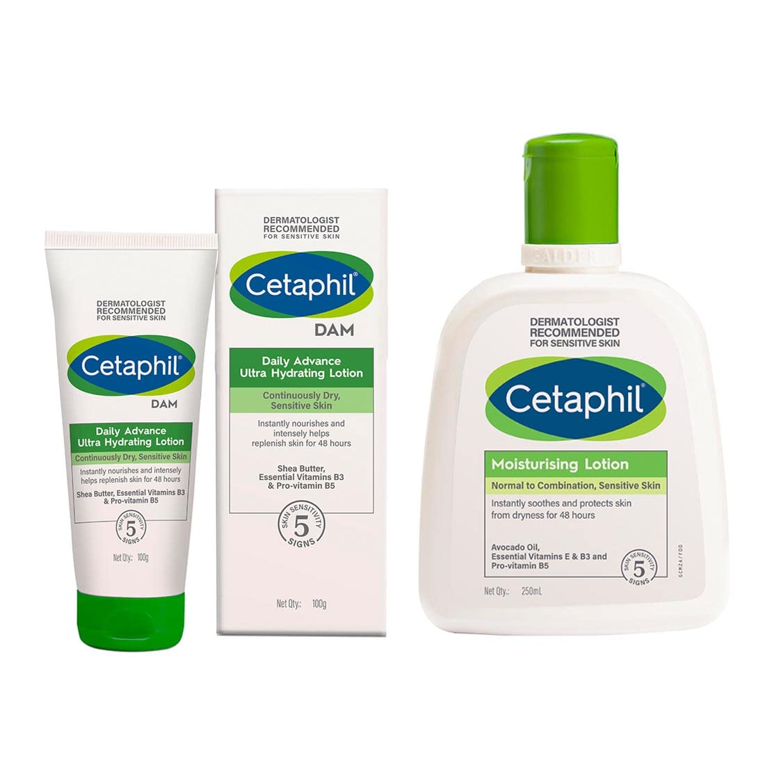 Cetaphil Moisturizing Lotion For Sensitive Or Dry Skin 250 ml and DAM 100g Combo