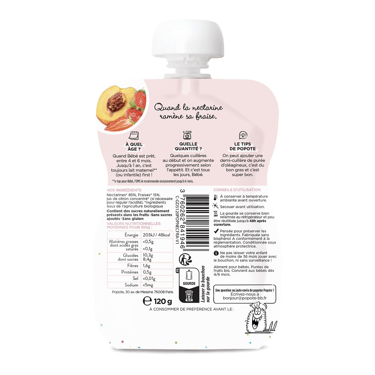 POPOTE - Purée Nectarine Fraises Bio - Dès 4/6 Mois - Recette Fruits Sans Sucres Ajoutés - Texture Lisse Adaptée Aux Bébés - Idéal Pour Diversification Alimentaire - Format Pratique - Pack 10 x 120 g