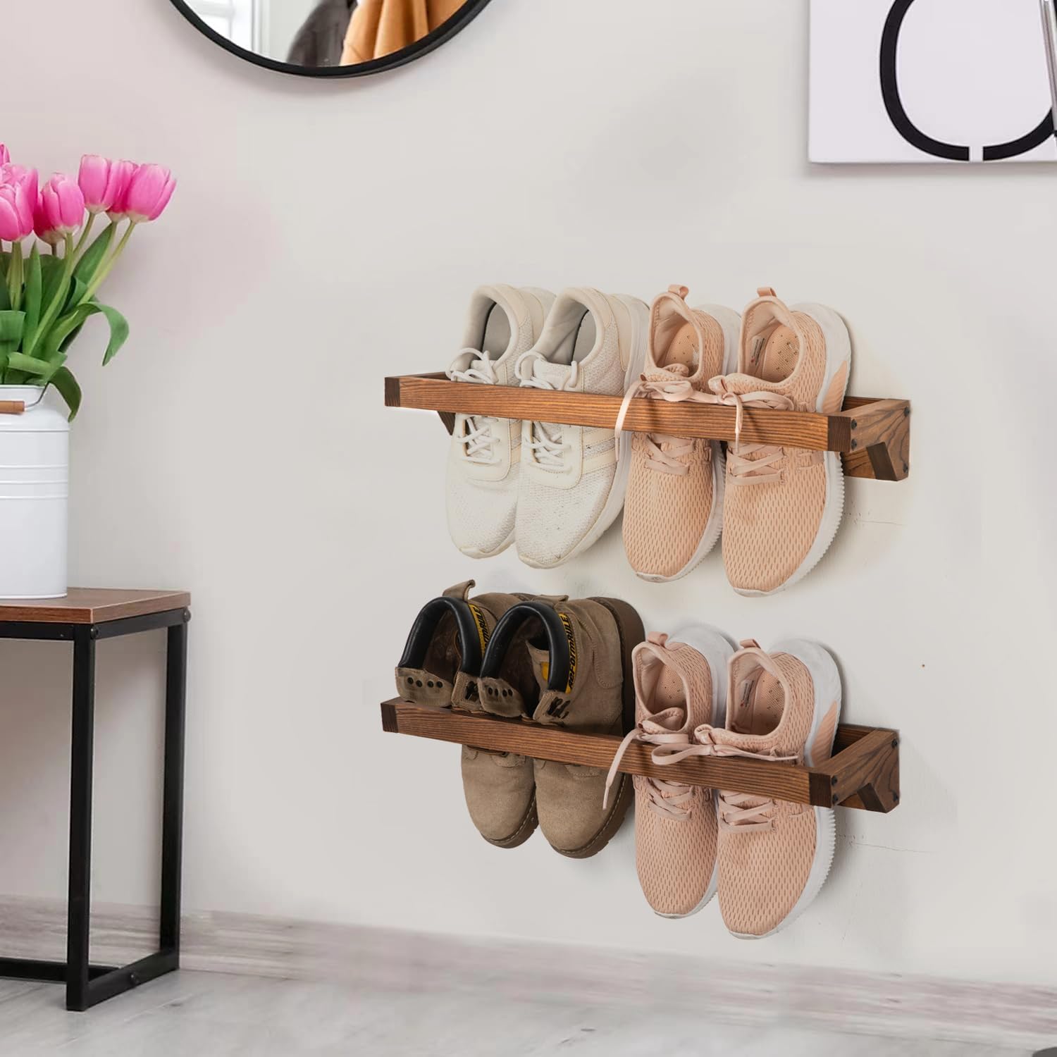 Wall Mounted Torched Wood Set of 2 Shoe Rack Organizer Rustic Dark Brown Burnt Wooden Finish Hanging Footwear Storage Holder Closet Home Entryway Garage Mudroom Retail Store Sneakers Heels