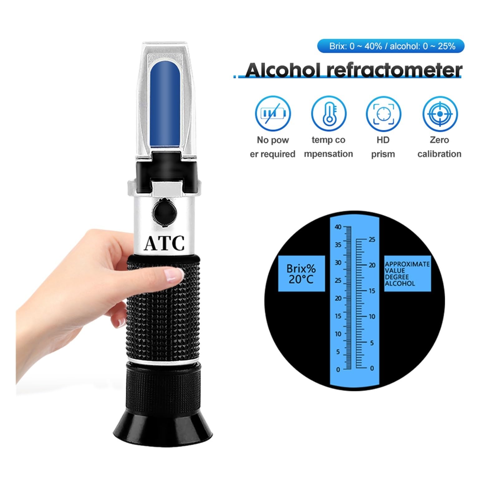 Brix-Refraktometer, digitales, Hydrometer, Handalkohol-Zucker-Refraktometer-Tester, Weinkonzentrationsmesser, Densitometer 0–25% Alkohol, Bier 0–40 Trauben, langlebig und einfach zu bedienen