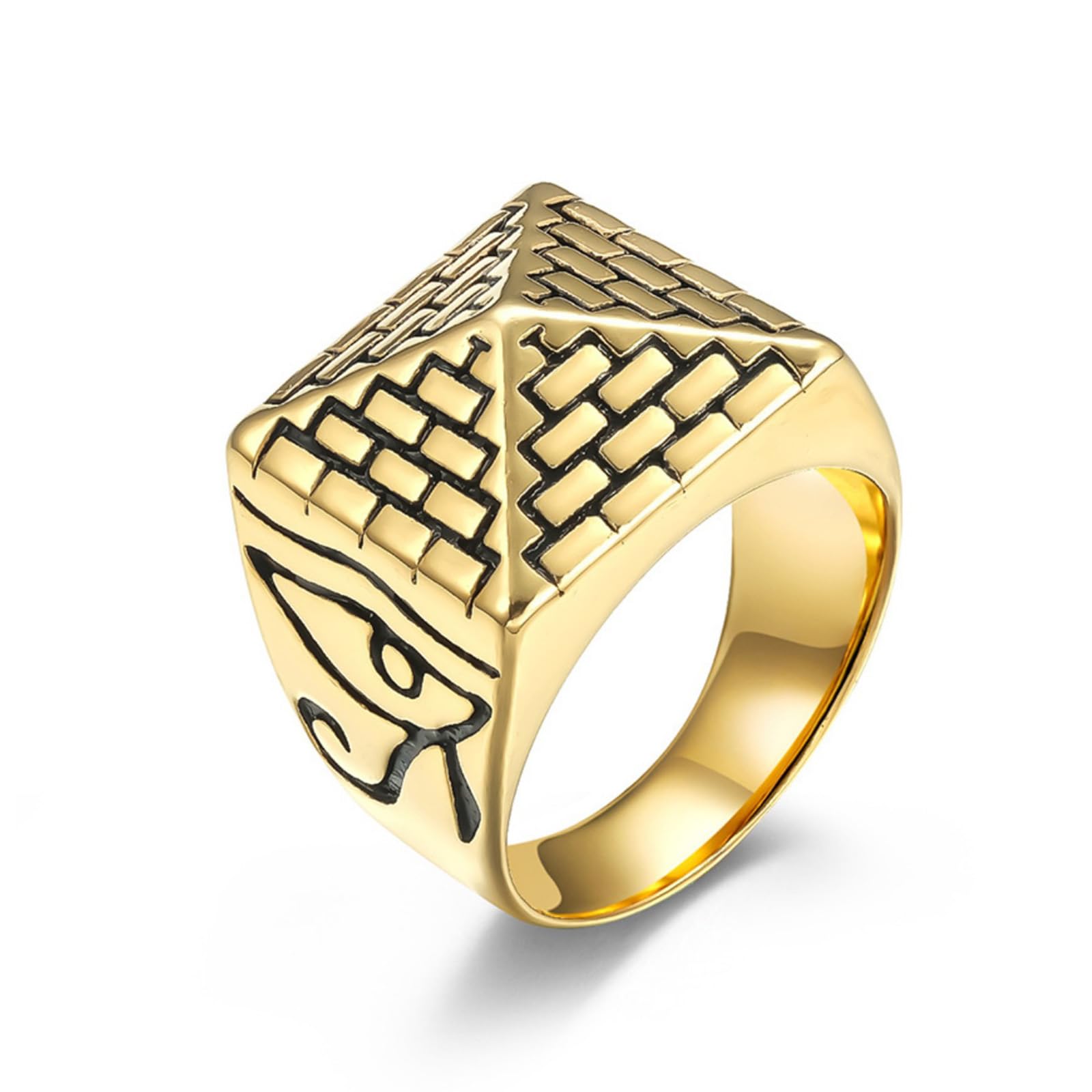 VHJdtE Rings, Egyptian Pyramid & Horus Eye Ring, Titanium Steel Men's/Women's Ancient Egypt Jewellery(Gold,S)