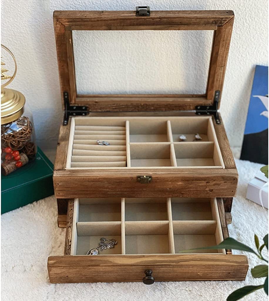 Pudełko na biżuterię pudełko na biżuterię organizer na biżuterię pudełko na biżuterię lite drewno retro postarzane drewniane pudełko na biżuterię z przezroczystą pokrywką dwuwarstwowe etui