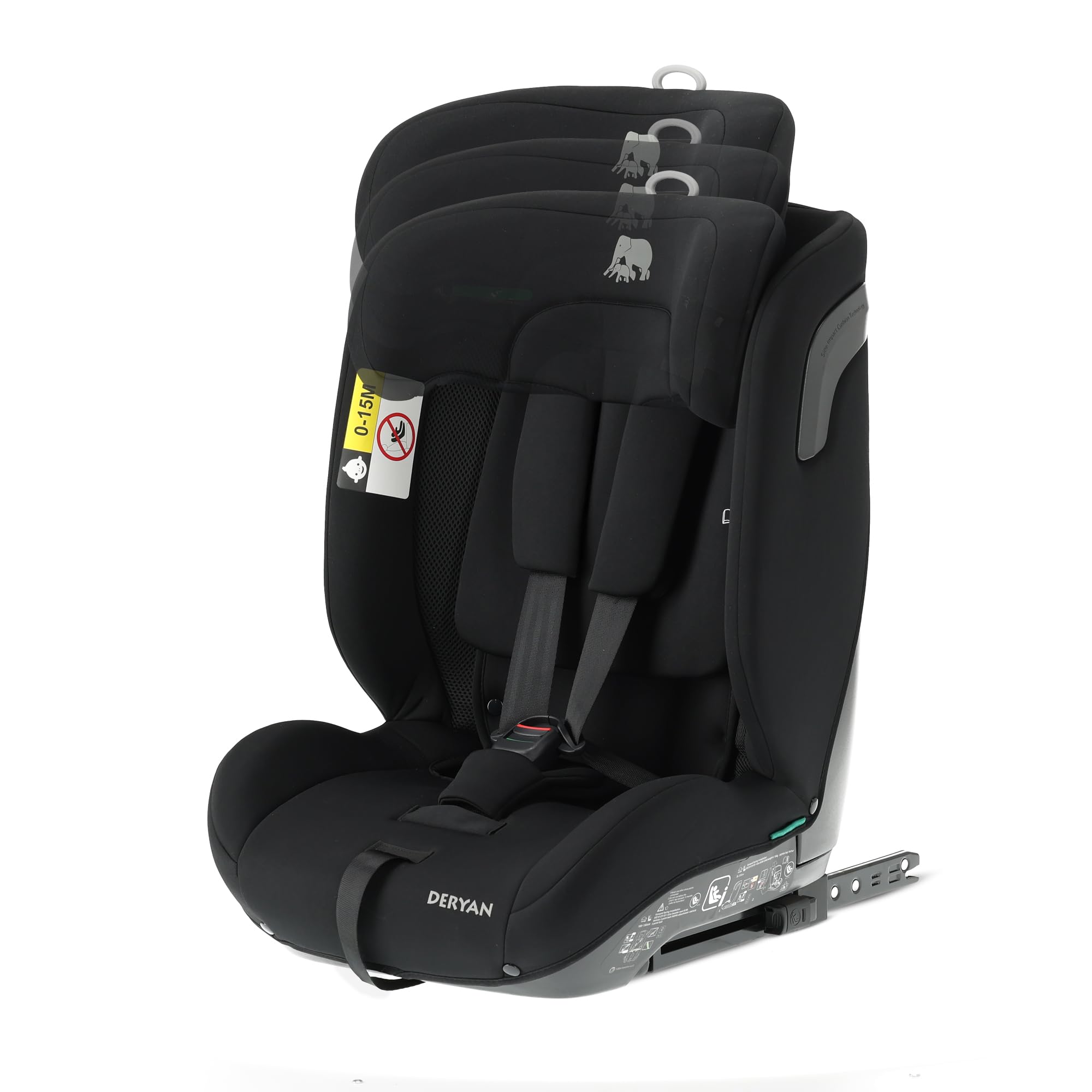 DERYAN Carter i-Size - Seggiolino auto per bambini, 9-36 kg, 76-150 cm, con Isofix, gruppo 1/2/3, schienale e poggiatesta regolabili, sistemi di sicurezza speciali, facile da trasportare, nero