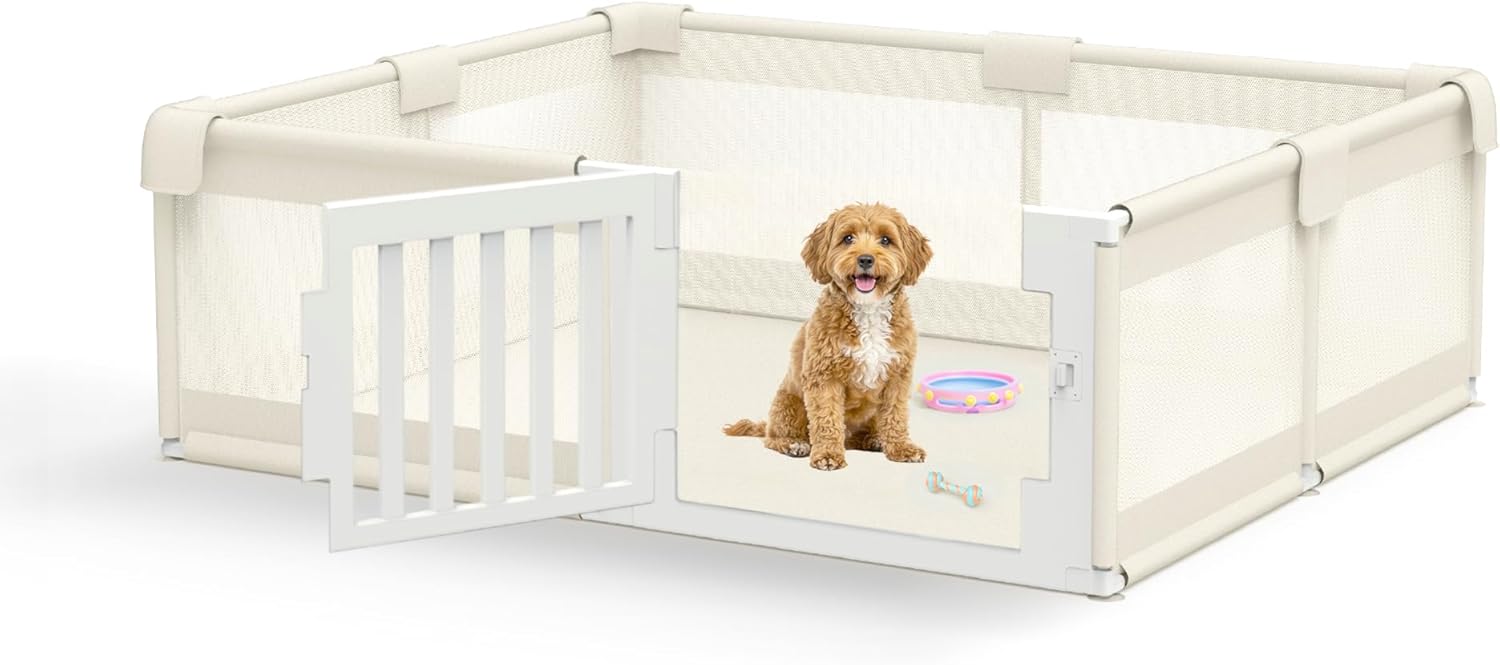 FXW Dog Playpen with Door, 71x59x24 Inch Spacious Safe Play Area, Non-Slip Design Dog Pen Indoor, Whelping Box/Potty Training for Dogs, Beige