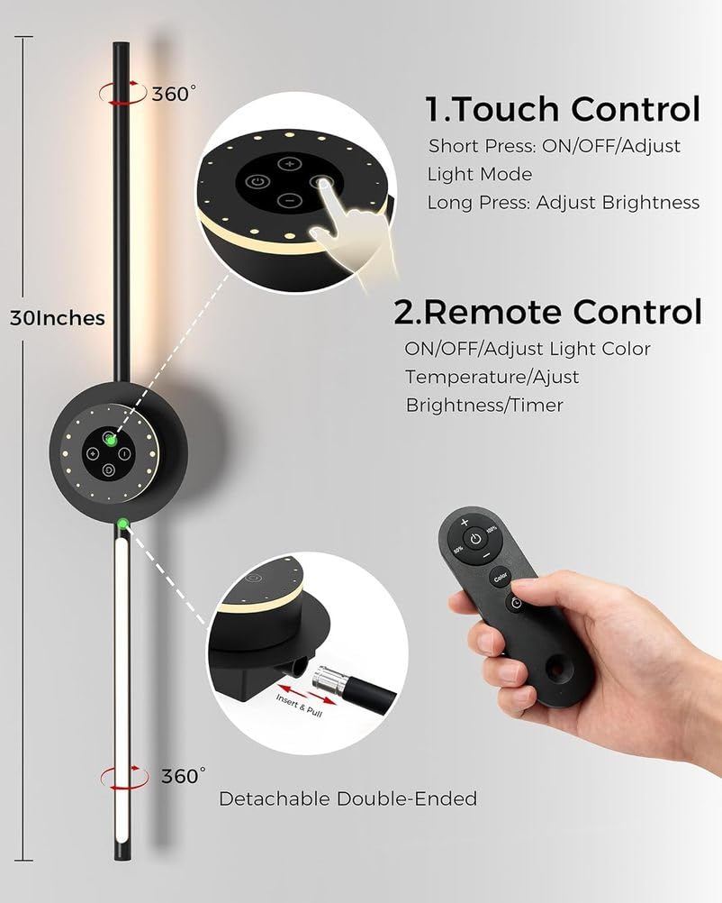 Lampada da Parete Ricaricabile con Telecomando, Luce LED Lunga e orientabile a 360°, per Interni, Senza necessità di Collegamento alla Rete elettrica, Alimentatore Rimovibile da 80