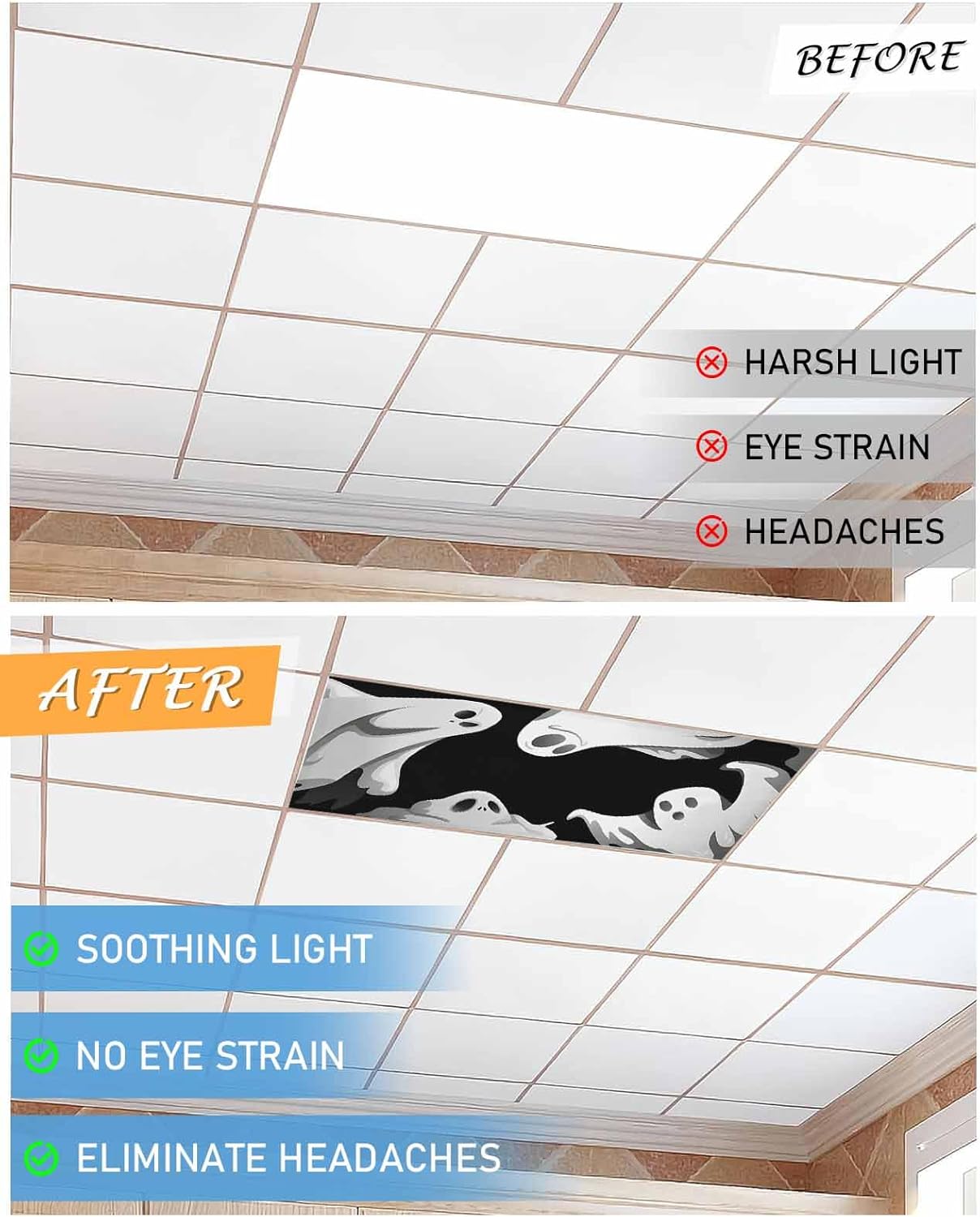 2 Pack Fluorescent Light Cover for Classroom Ceiling - Ghost Halloween Magnetic Filters, Horror Spooky Decor for Office School Home Drop Lamp 4x2 Feet