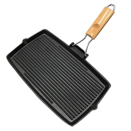 AVEEWA Griddle Pan Grill with Folding Handle Cast Iron Rectangular with Double Boilersfor Steak or BBQBlack