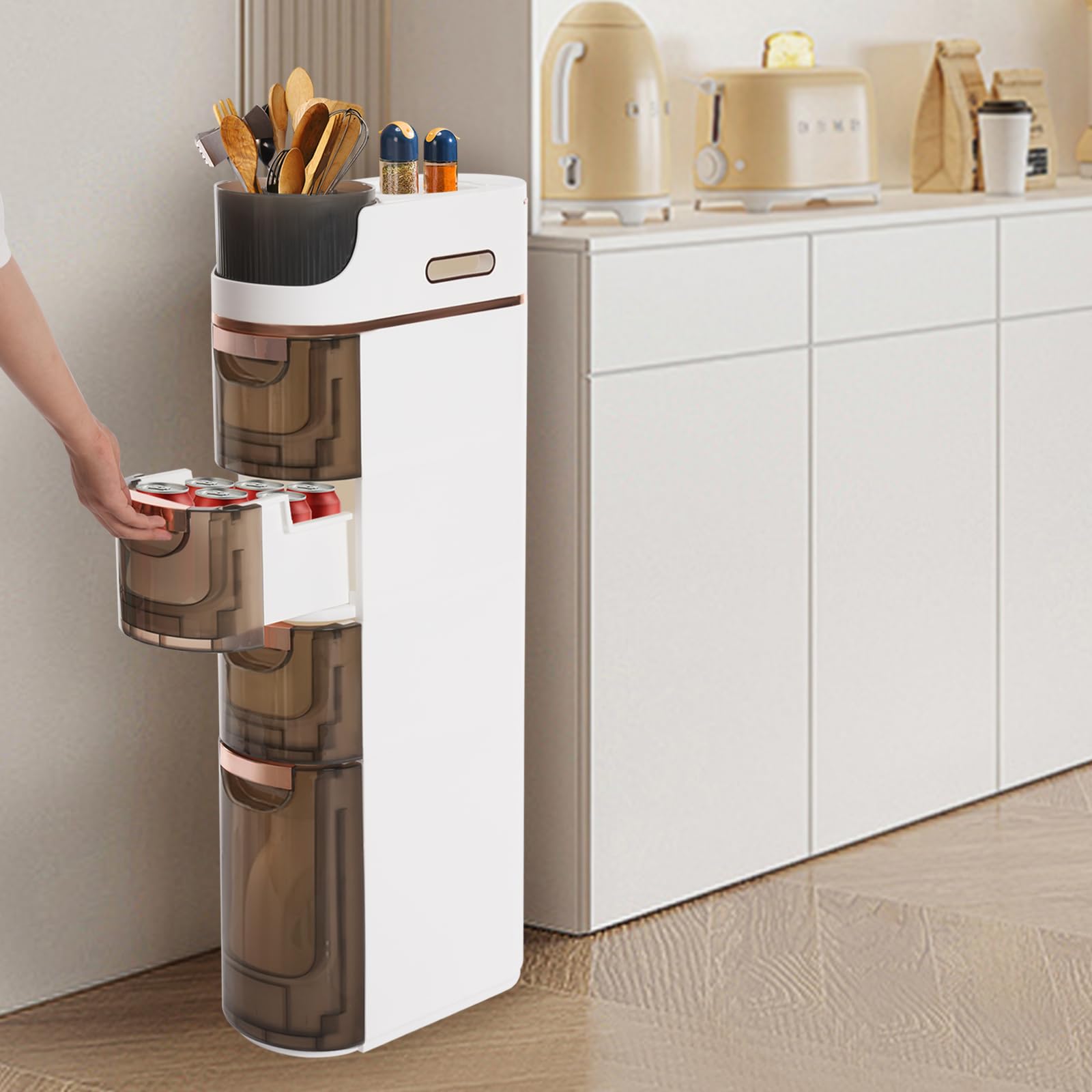 Carrito de almacenamiento estrecho con 4 cajones, cajonera con suelo alto, giratorio, espacio de almacenamiento superior para baño, dormitorio, salón, organización máxima