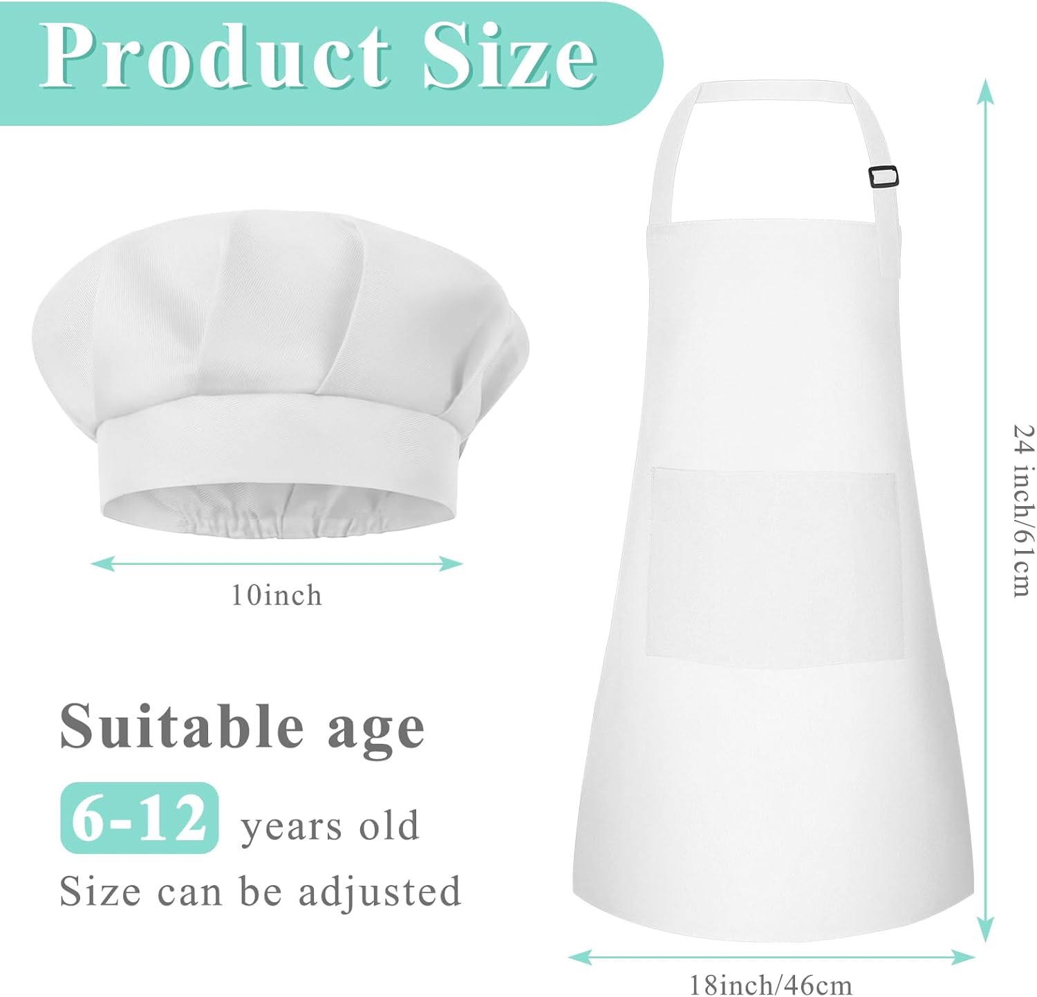 Kids Apron and Chef Hat Set Adjustable Child Art Aprons with 2 Pockets Toddler Chef Hat and Apron for Cooking Baking Painting (White) - Image 2