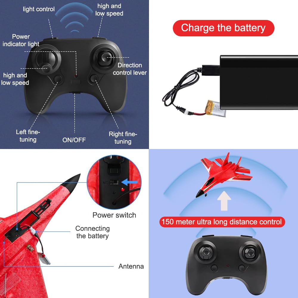 Avion Radiocommandé 2CH 2,4GHz Avec LED - Jouet Avion Pour Débutants, Rouge, Télécommande Et Charge USB
