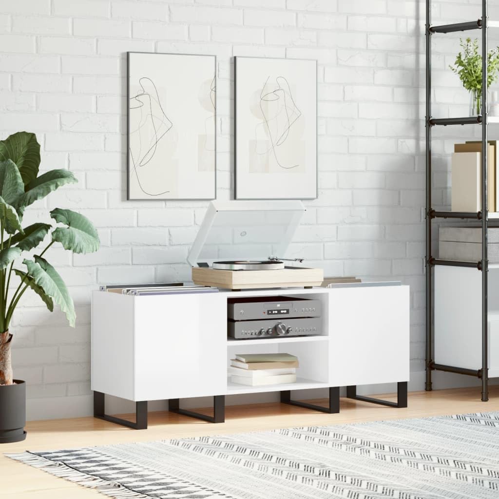 Armadio per dischi in vinile, bianco lucido, 121 x 38 x 48 cm | Armadio HiFi per il soggiorno con robuste gambe in ferro e molto spazio per la vostra collezione di musica LP.