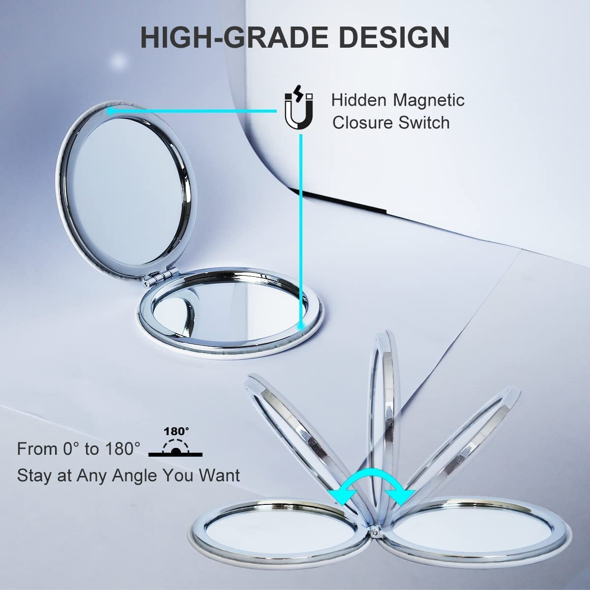 Kshavi 2 in 1 Pocket Makeup Mirror Folding Portable, Small Handheld Travel Makeup Purse Mirror Pocket Mirror with 1x/2x Magnification Double Sided - Gift for Women Girls. (Round) 1