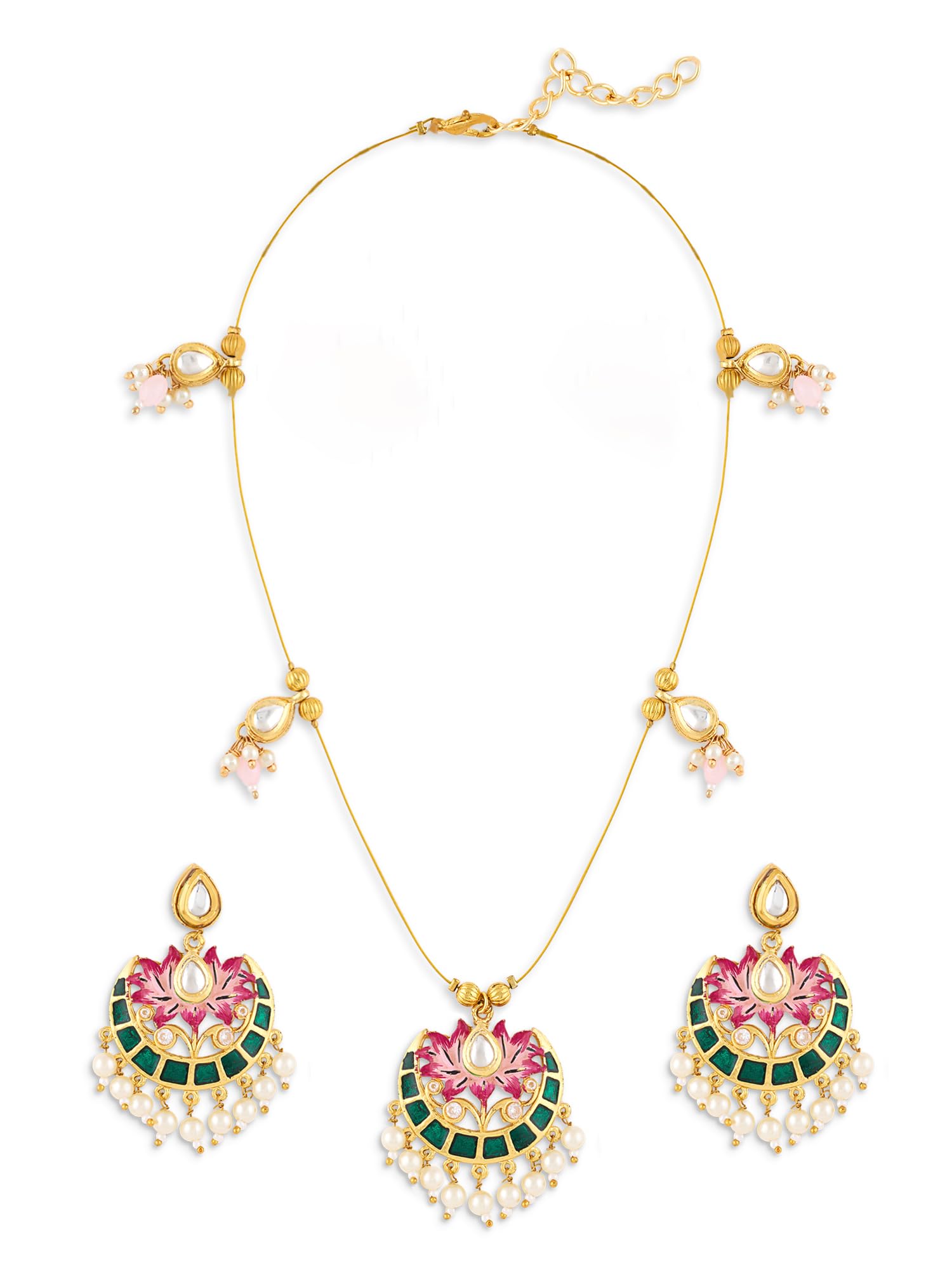 Green Pink Meenakari Lotus Design Kundan Embellished Necklace & Earring Set For Women-ZPFK19169
