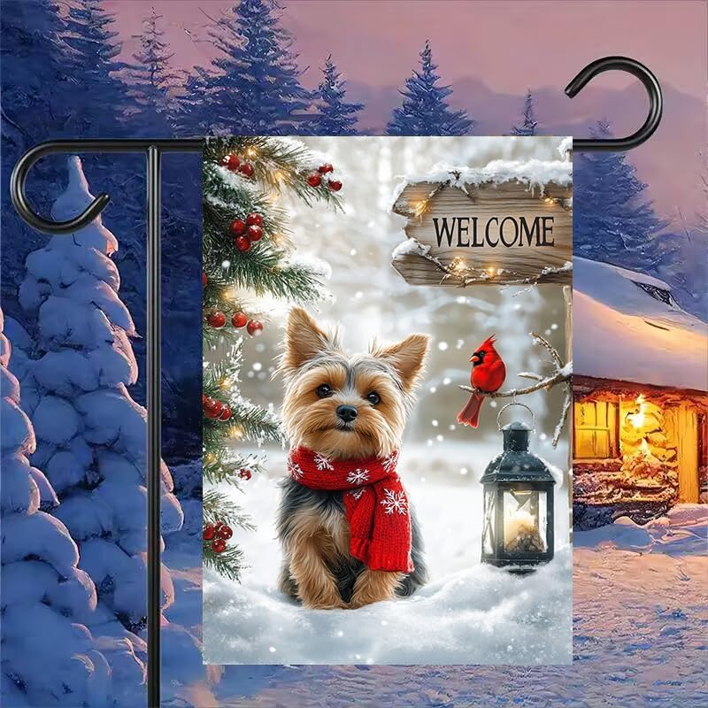 Winter Yorkie Garden Flags 12x18 Double Sided, Small Burlap Holiday Snow Cardinal Dog Garden Flag Winter Christmas Outdoor Yard Decorations Porch Lawn Flags for Outside - Image 2