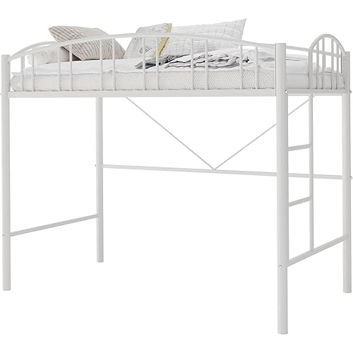 Heavy Duty Metal Loft Bed Twin Size with Ladder and Arched Guardrail, Sturdy Steel Slats Support, Space-Saving Design, No Box Spring Needed, Durable and Safe for Kids and Adults（White）