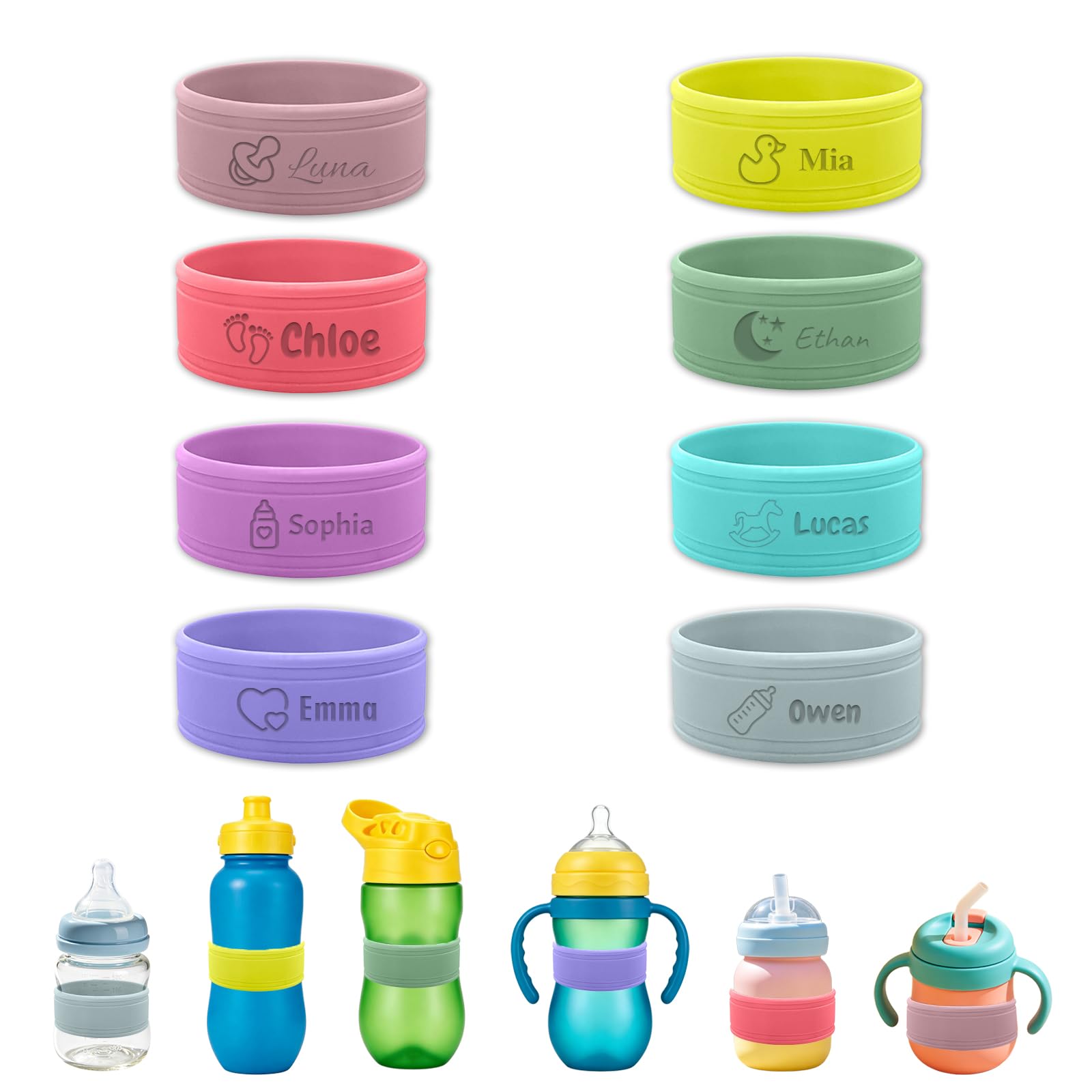 Personalised Baby Bottle Name Bands Custom Engraved Baby Bottle Labels for Daycare Reusable, Laser Engraving Toddler Name Tags,Silicone Bottle labels for Kids, School, Camp&Baby Shower Gifts (Style 2)