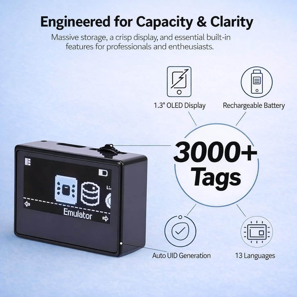 NFC Tag Emulator Compatible with Switch 1 & 2, Stores 3000+ NFC Data Entries, 1.3" Screen, Auto UID Regen & Unlimited Scan for 60+ Switch Games, Rechargeable