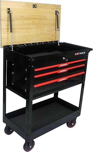 Miniatura 6 de nifoti Carrito de herramientas de 3 cajones con ruedas, caja de almacenamiento de herramientas con parte superior de madera, caja de herramientas