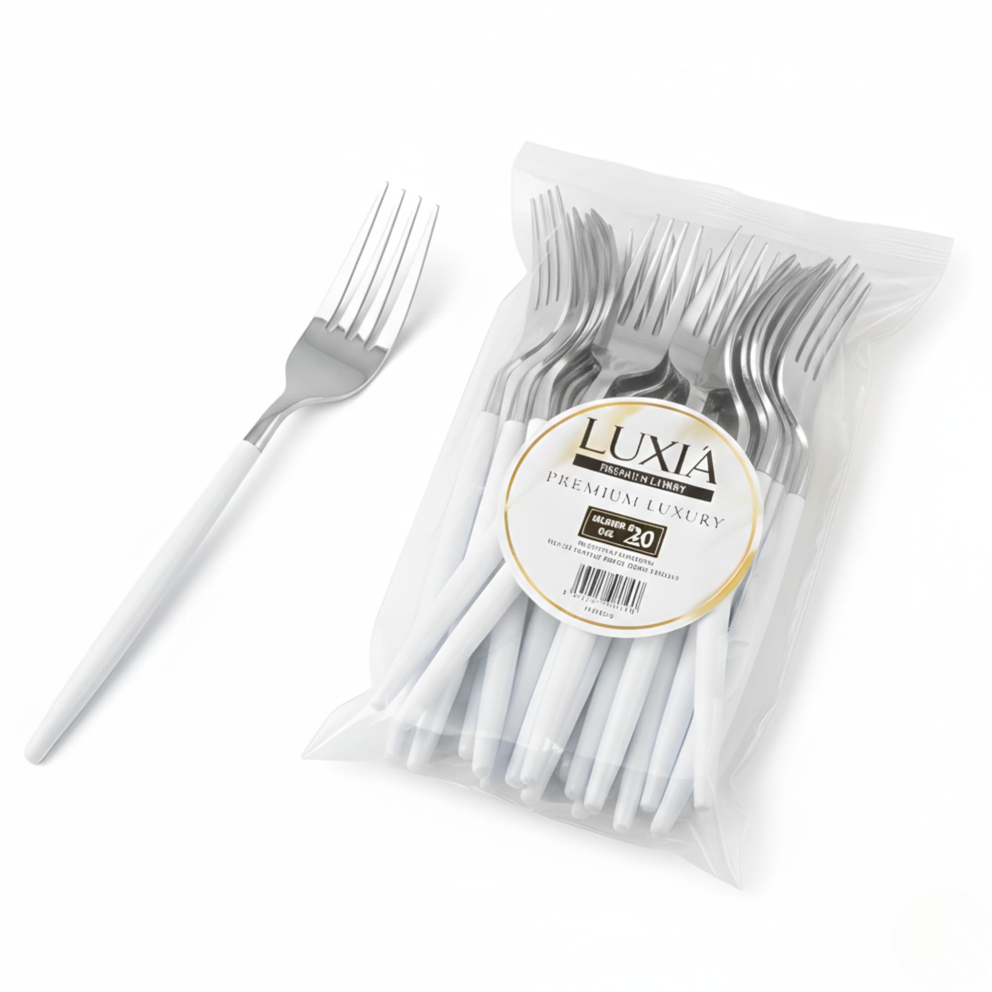 Playlearn Luxia Reusable White Silver Plastic Fork, 20pcs Bulk Pack Durable Elegant Cutlery, Durable Dinnerware for Weddings, Catered Events