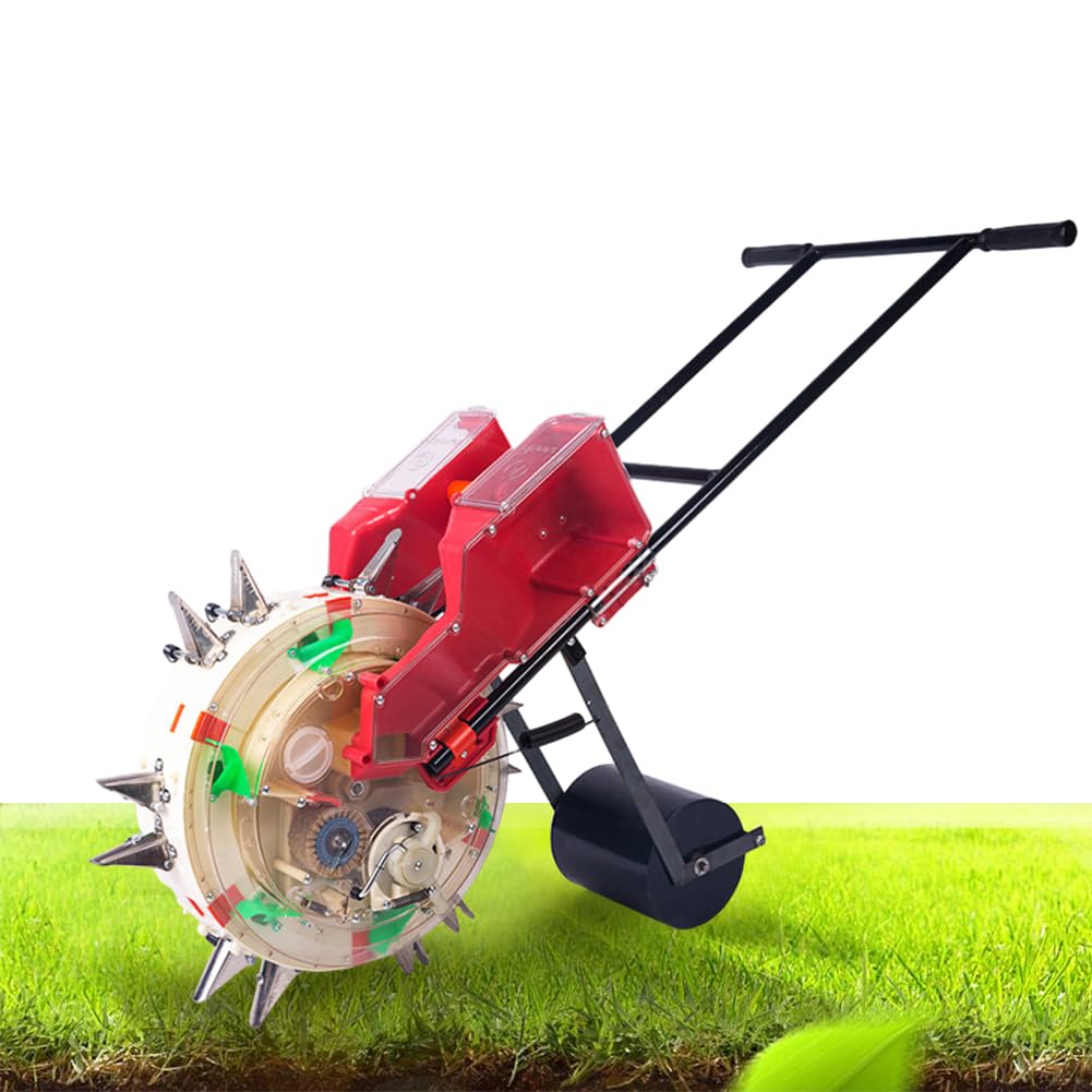 QUTBAG Esparcidor de sembradora de jardín, Herramientas de sembradora de jardinería de Empuje Manual, sembradora de césped y esparcidor Fertilizante 2 en 1, Profundidad Ajustable de 1,4 a 3 Pulgadas