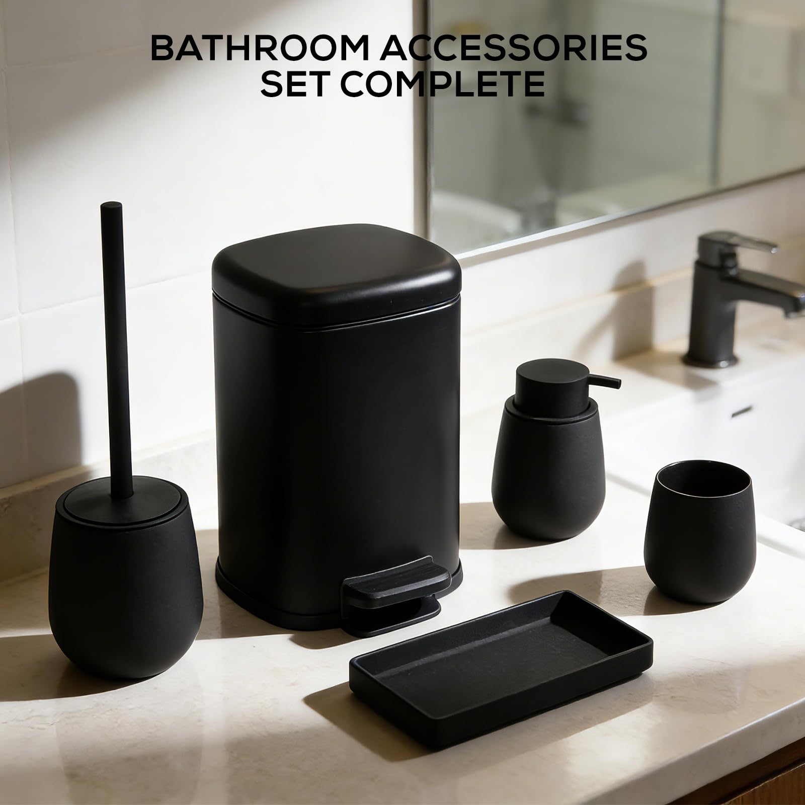 5-teiliges Badezimmer Set Schwarz mit 6 L Metall Mülleimer Treteimer mit Inneneimer, Seifenspender, Zahnputzbecher, WC-Bürste & Ablageschale, Modern Badezimmer Organizer (Schwarz)
