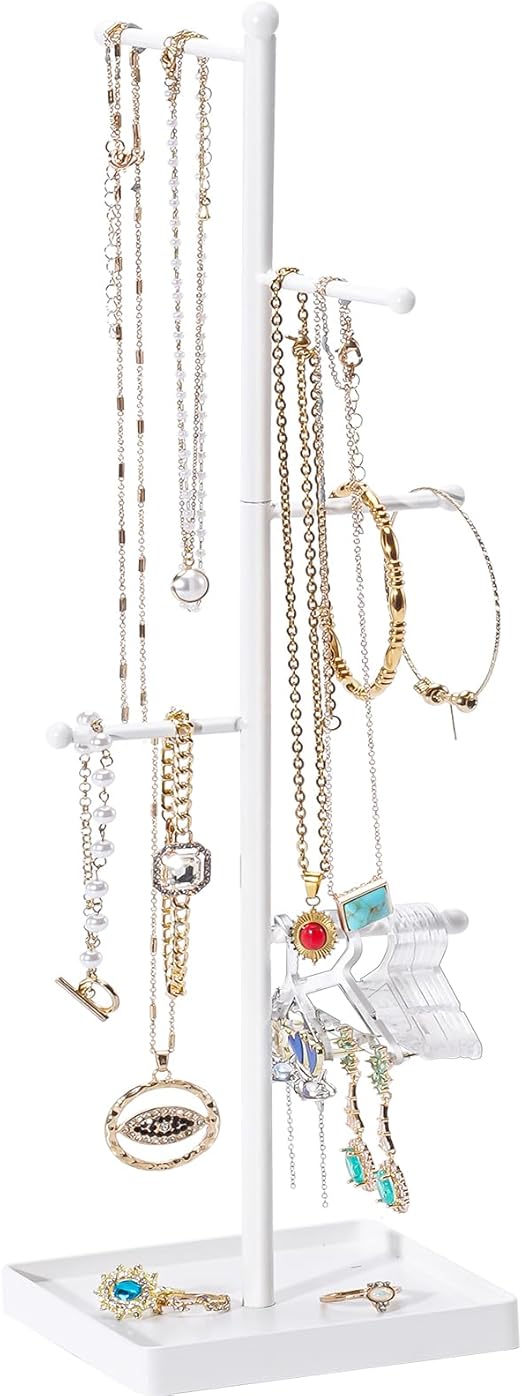 Lolalet Jewelry Organizer Storage Jewelry Holder Stand with 10 Earring Hanger Rack, 6 Tiers Necklace Holder Tree with Bottom Tray for Women Girls Necklaces Earrings Bracelets Rings -White