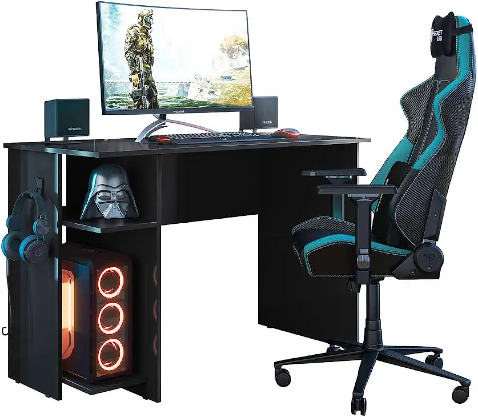 Mesa Escrivaninha Gamer 2 plateleiras Estudo e Trabalho Com Suporte para Fone Cor Preto