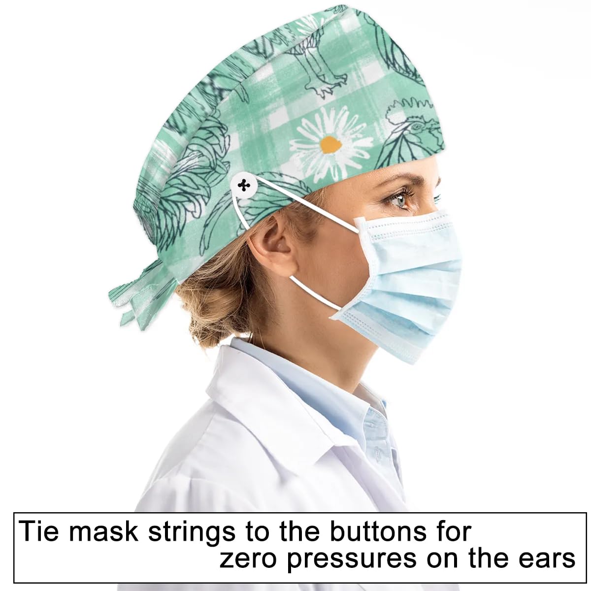 Mularoka Hand Painted Rooster Chrysanthemum Working Caps with Button Sweatband Comfortable Adjustable Bouffant Hats Work Hat for Women Men