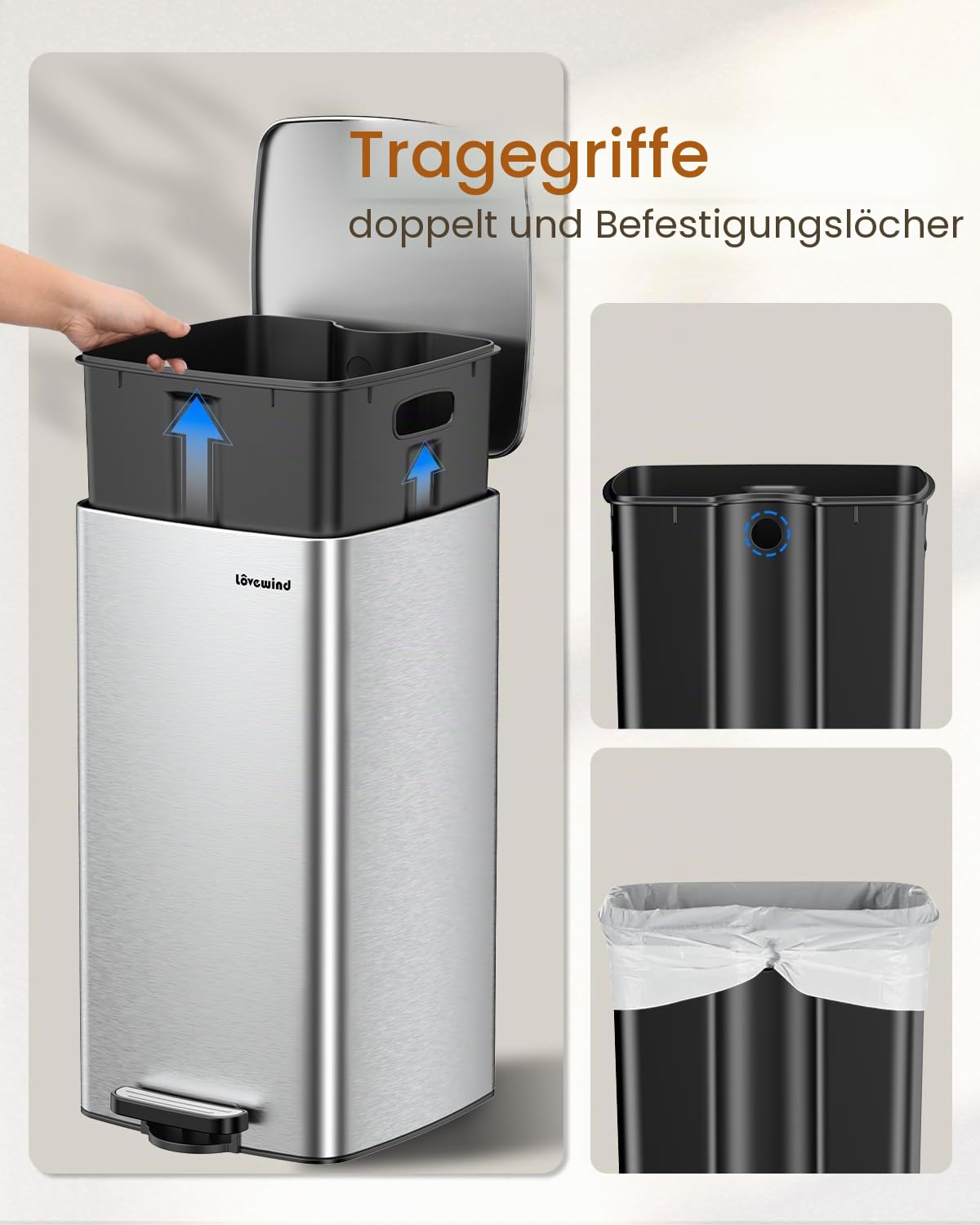 lovewind Küchenabfalleimer, 30L Silber Mülleimer Küche aus Edelstahl mit Pedal, mit Deckel und Inneneimer, Sanft Schließend und Offen Bleibend, Geeignet für Küche, Bad und Wohnzimmer