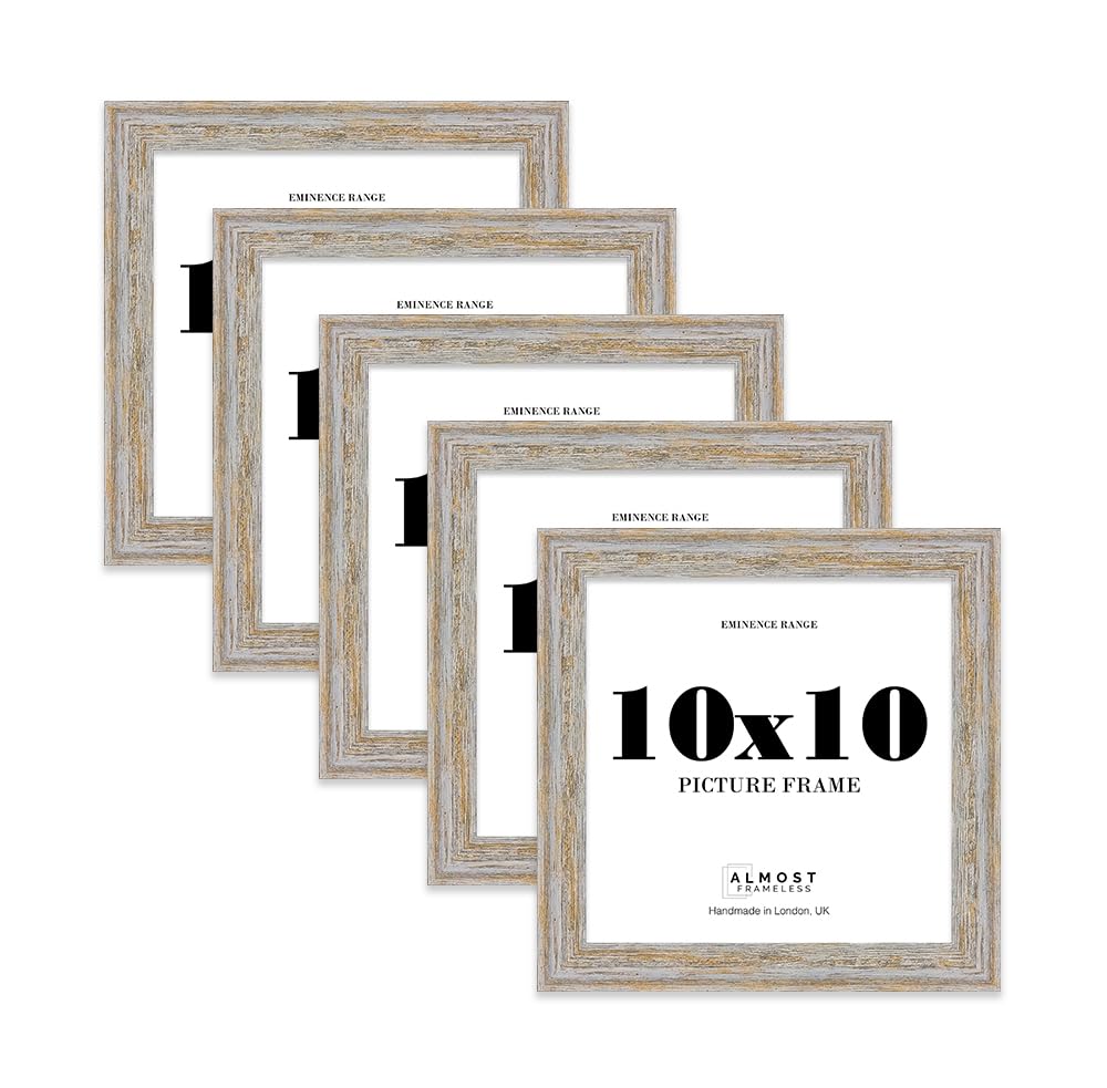 10x10" Distressed White Oak Picture Frame - Rustic Wood Industrial Effect Photo Frame for Wall Display, Ideal for Posters, Prints & Home Décor, Wall Hooks and Kickstand, 32mm Edge - 5 Pack