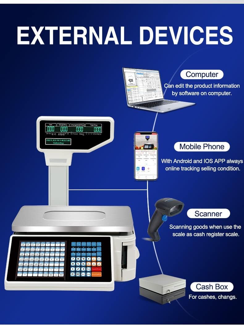 Label Printing Scales, Digital Barcode Weighing Scales,Back Front Dual Display, 63 Shortcut Keys Commercial Cash Register for Supermarket/Retail Store/Warehouse Weighing(Machine)
