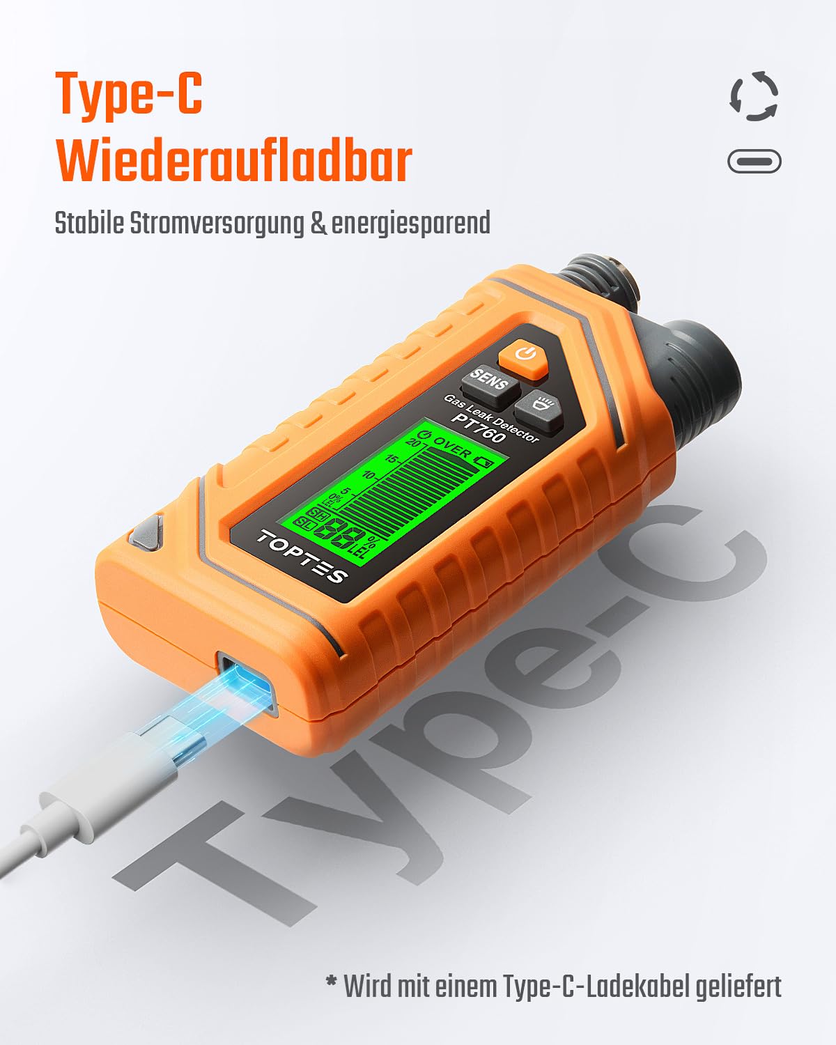 TopTes PT760 Wiederaufladbarer Erdgas-Detektor, Gaslecksuchgerät mit 30 cm ausziehbarem Sonde,%LEL Propanglecksuchgerät mit eingebauter Taschenlampe für Methan, Butan, brennbare Gase für Zuhause