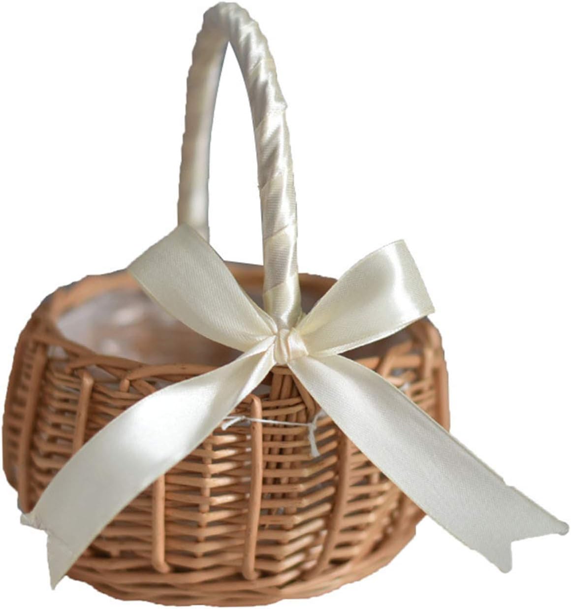 Wicker Rattan Flower Basket, Wedding Flower Girl Baskets, Willow Handwoven Basket with Handles and Plastic Insert, Woven Eggs Candy Basket for Garden Decor, White, S (210209HT07-1-10031-1949313471)
