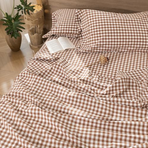 Image of MooMee Gingham Sheet Set 100% Washed Cotton Linen Like Textured Breathable Soft w / Fully Elasticized 16-19 inch Deep Pocket (Classic Gingham Dark Orange, Queen)