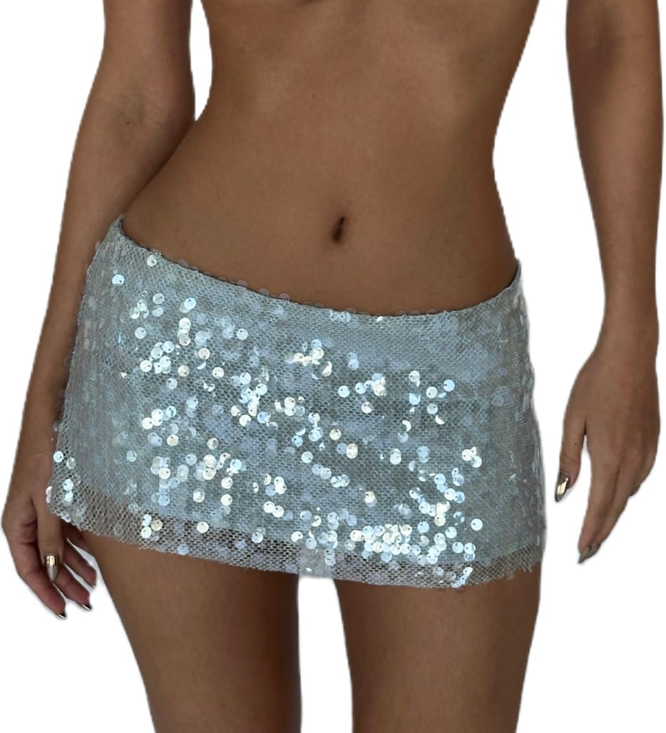 Women Y2K Sparkly Sequin Mini Skirt Low Waist Glitter Bodycon Skirt Shining Rave Party Skirts Sexy Clubwear