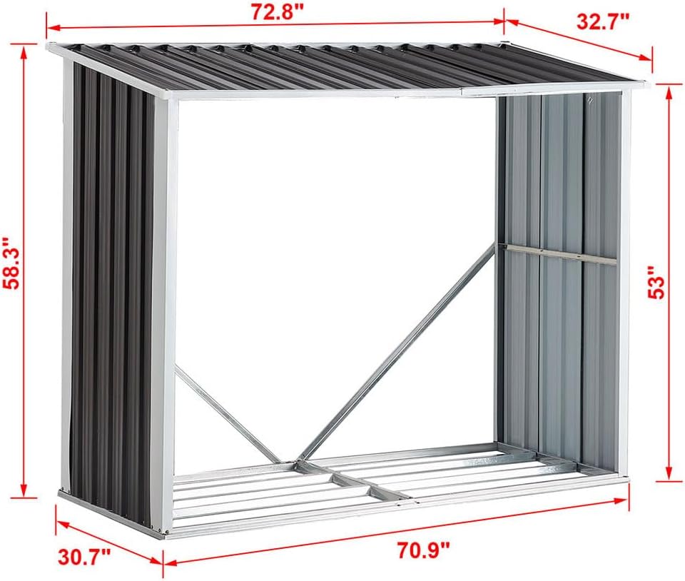 Firewood Storage Shed, Heavy Duty Galvanized Steel Log Holder with Roof & Drainage System, Outdoor Firewood Rack Log Storage for Garden, Patio, and Backyard, 70.9" L × 30.7" D × 58.3" H