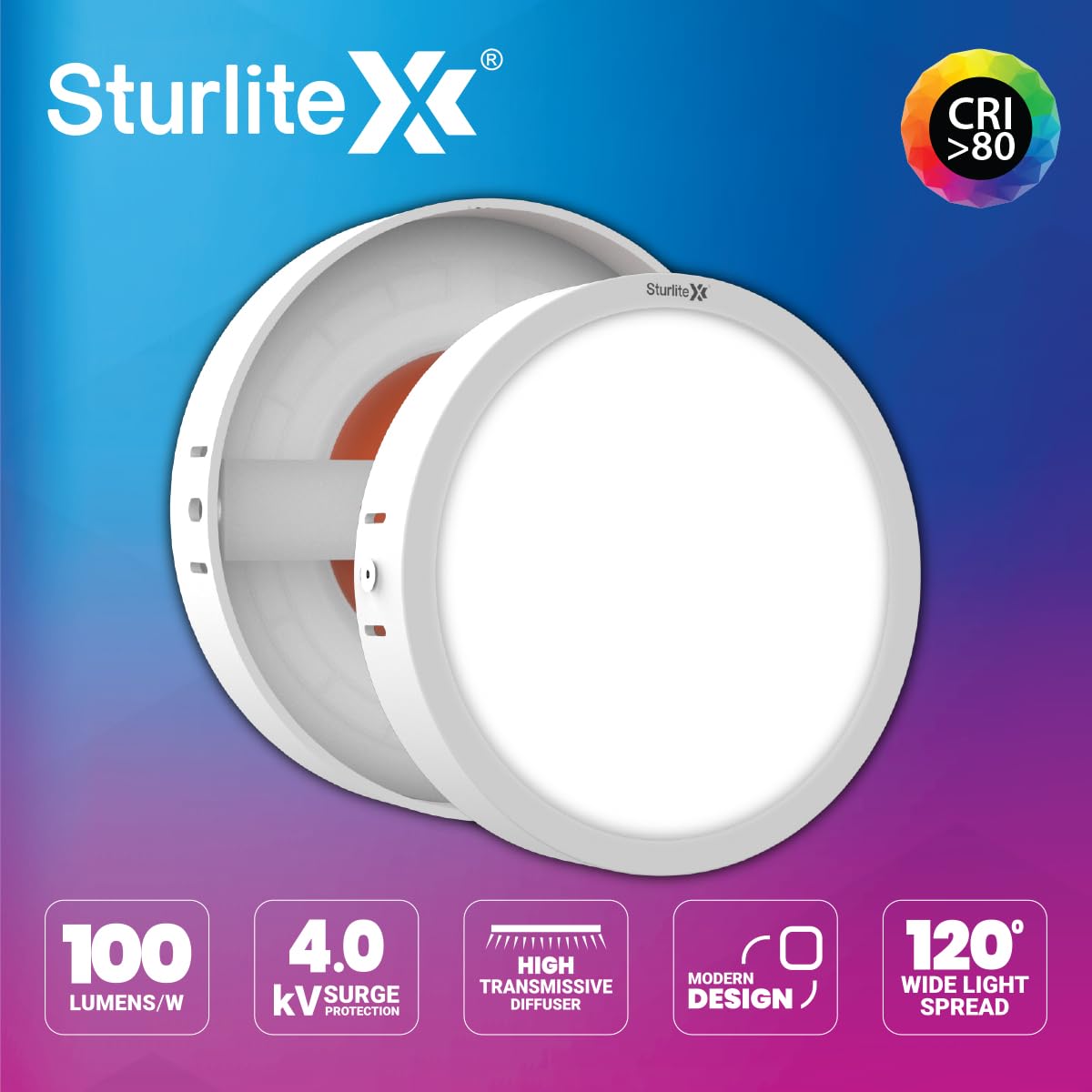 Sturlite S-FIT 12W Round LED Surface Light| 6500k Cool White Color Temperature| 960 Lumens with CRI Tech for Accurate Color Representation - (Pack of 2) 2