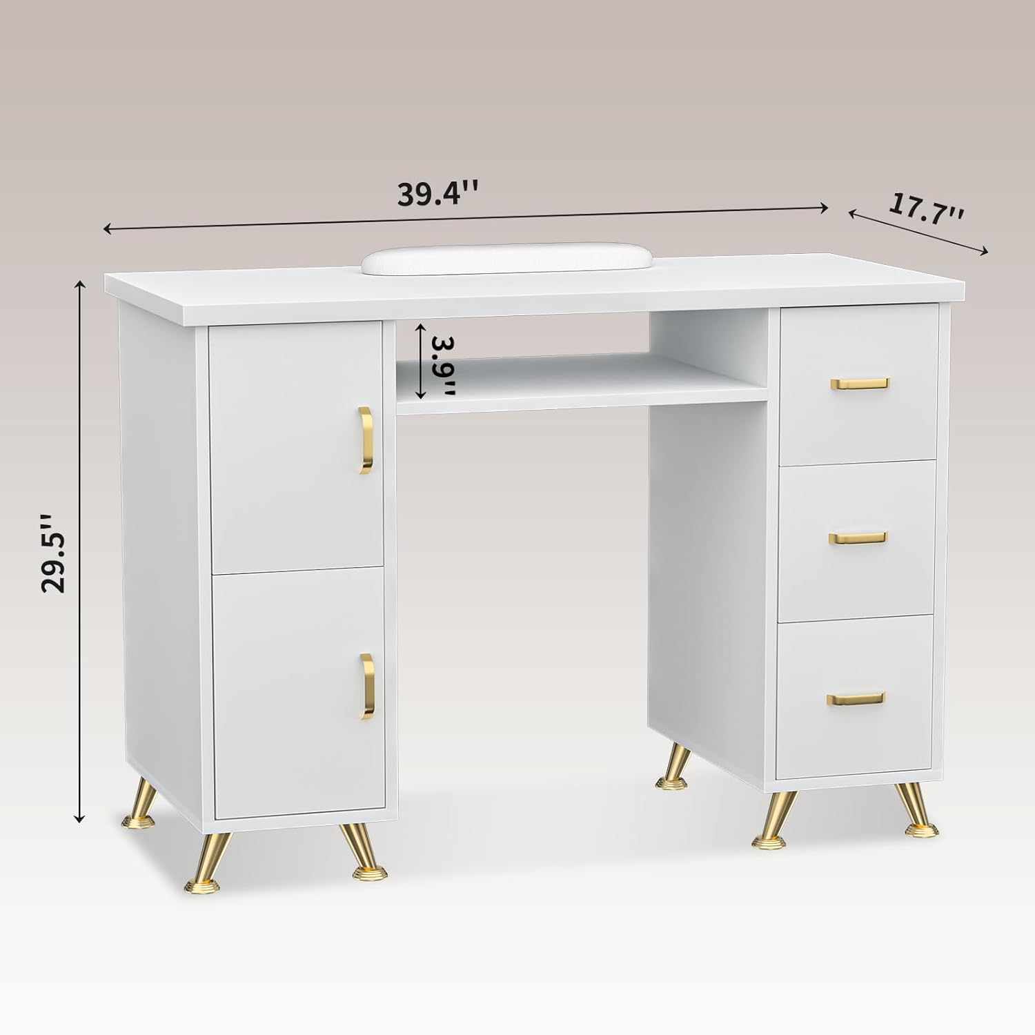 FreSup Manicure Table Nail Desk for Nail Tech, Durable Nail Table, with 3 Drawers & 2 Cabinets, Wrist Rest Included, Acetone-Resistant, Versatile Manicure Station for Salon & Home (White-Gold)