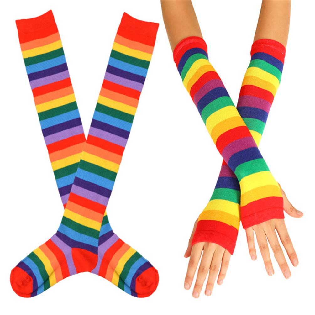 EDOTON Da donna Arcobaleno Banda Coscia al ginocchio Calze alte Braccio a maglia Più caldo senza dita Guanti Festa Costume Accessorio