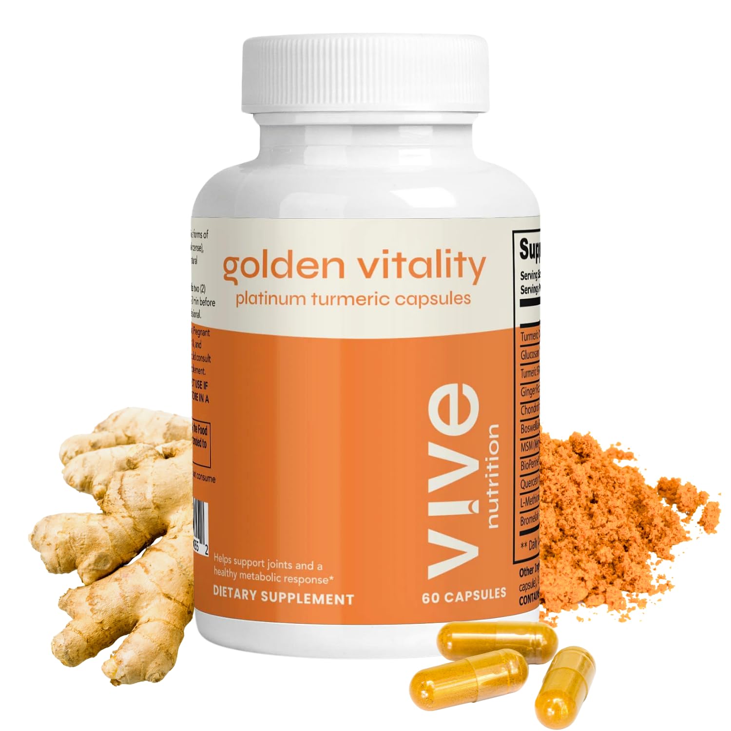 Golden Vitality Turmeric Curcumin Capsules - Platinum Blend with 95% Curcuminoids, Glucosamine, Chondroitin, MSM & BioPerine - Joint & Bone Support - 60 Count, 30 Days Supply