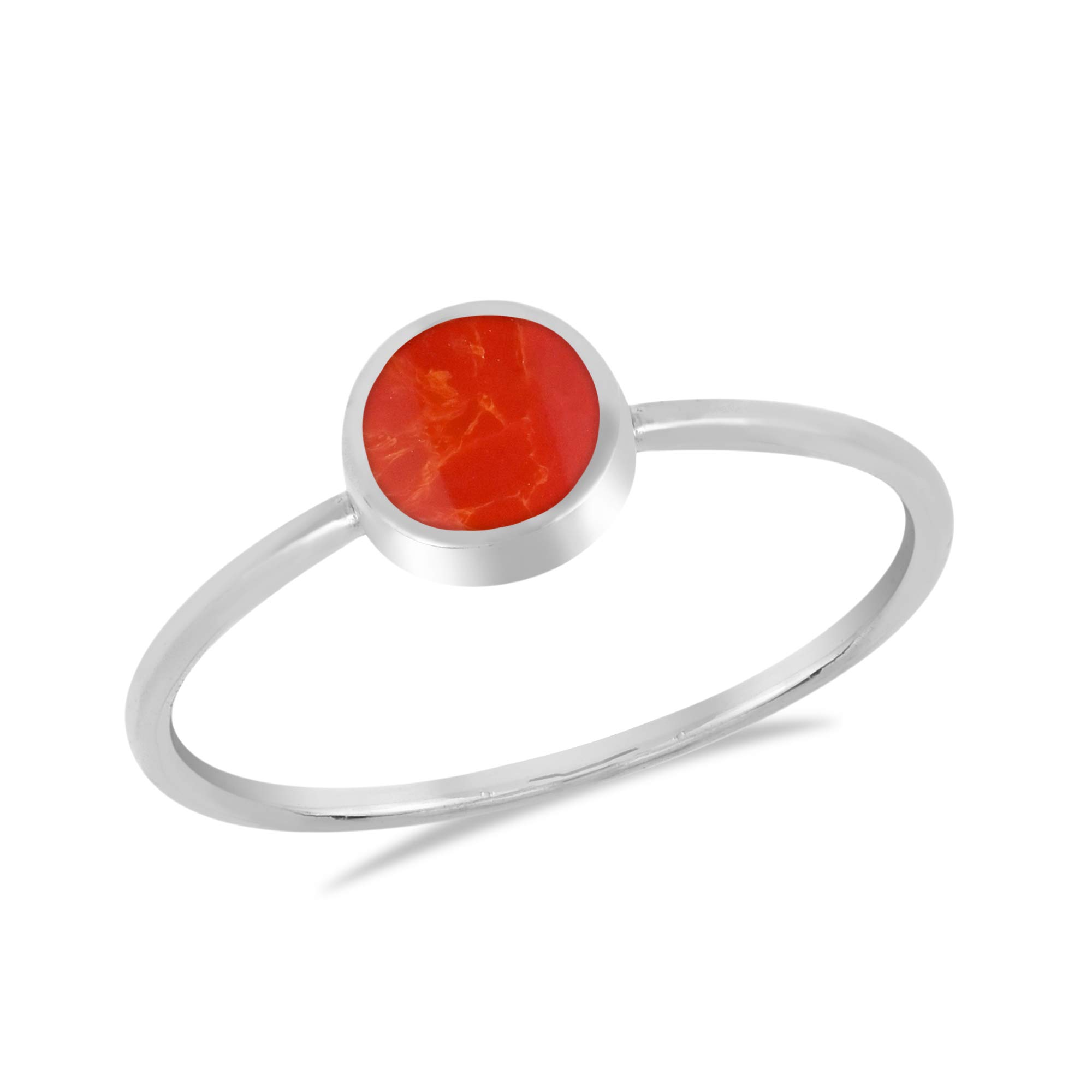 Aeravida Simply Chic Round Shaped Reconstructed Red Coral .925 Sterling Silver Ring | Tiny Wedding Rings For Women | Casual Comfort Fit Silver Rings